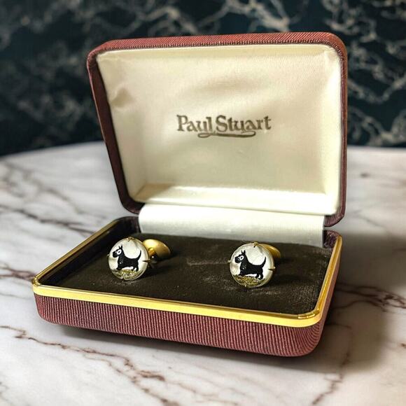 Vintage Paul Stuart 40s Cufflinks Mens Reverse Painted Convex Glass Scottie Dogs